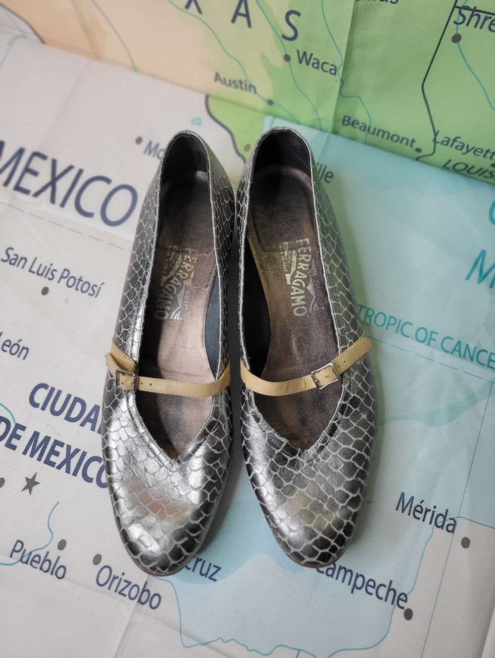 Salvatore Ferragamo Metallic Silver Snakeskin Ballet Flats with Tan Strap